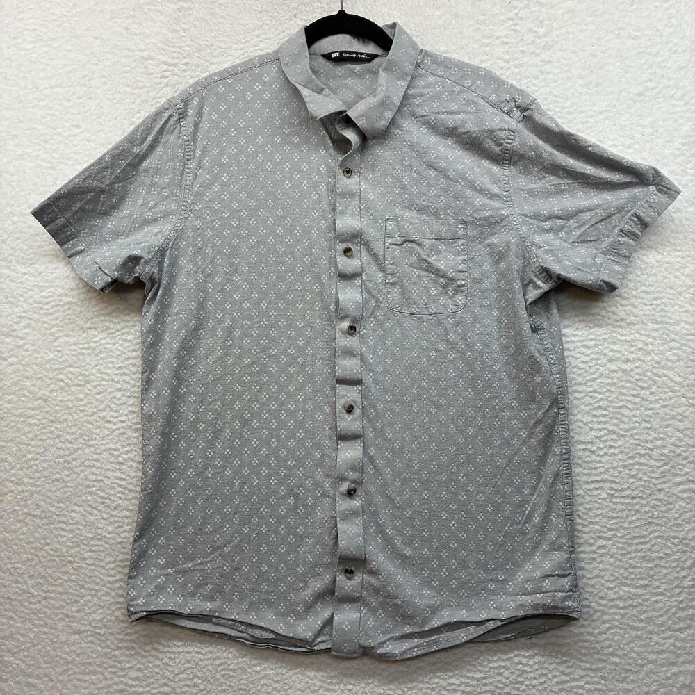 Travis Mathew Shirt Mens XL Gray Geometric Short Sleeve Button Up Stretch Casual